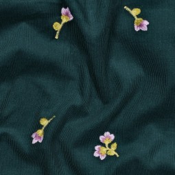 Tissu velours côtelé fin - Fleurs brodées vert foncé