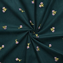 Tissu velours côtelé fin - Fleurs brodées vert foncé