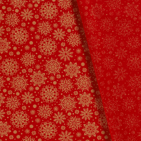 Tissu Popeline de coton - Rouge flocon de noël or