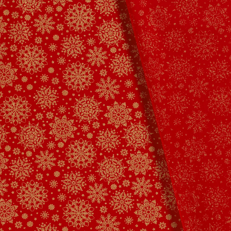 Tissu Popeline de coton - Rouge flocon de noël or