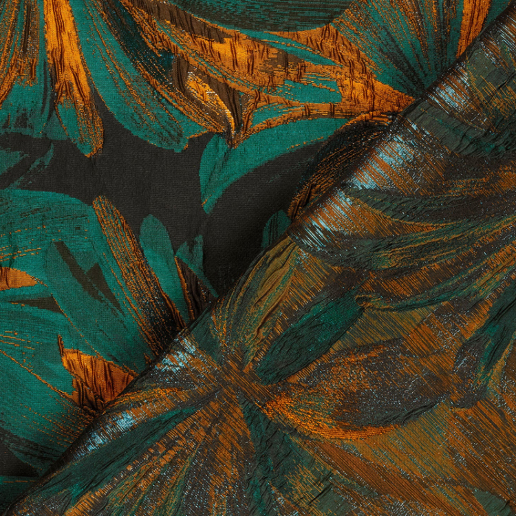 Tissu jacquard lurex - Fleurs bleu canard
