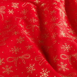 Tissu Popeline de coton - Nœuds et flocons rouge
