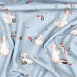 Tissu jersey - Oies et fleurs bleu