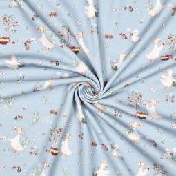Tissu jersey - Oies et fleurs bleu