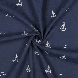 Tissu double gaze - Broderie bateau marine