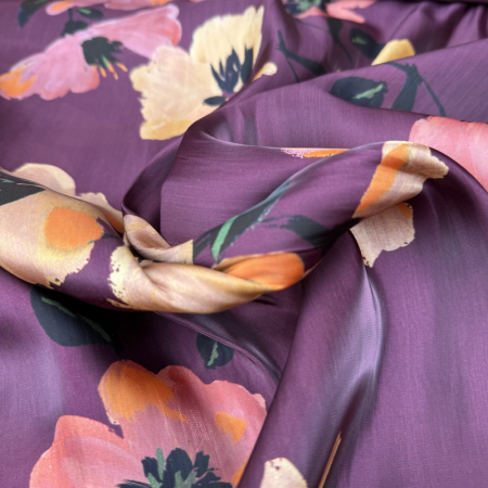 Tissu satin - Fleurs violet