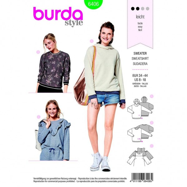 Patron Burda 6406 - Sweat-shirt avec bord-côte