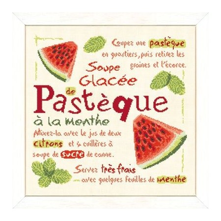Fiche de broderie Lilipoints : Soupe glacée de pastèque à la menthe Fiche de broderie Lilipoints : Soupe glacée de pastèque à la menthe