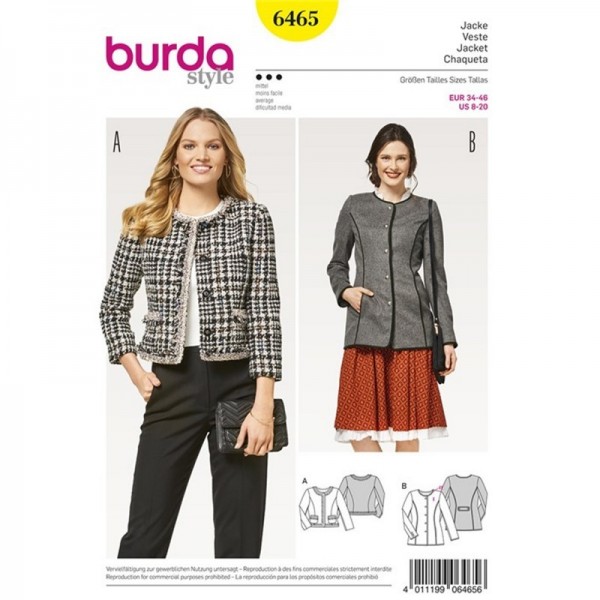 Patron Burda 6465 - Vestes sans col