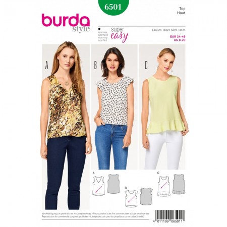 Patron Burda 6501 - Top encolure en V ourlet volanté