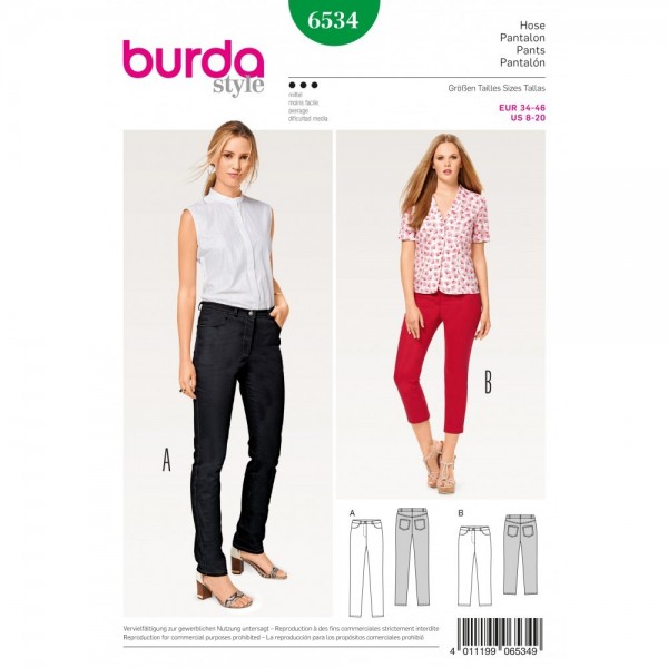 Patron Burda 6534 - Pantlon étroit, pantalon 3/4
