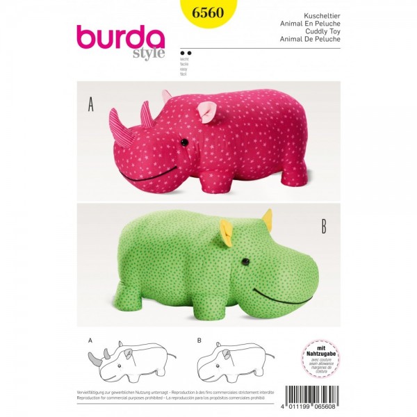 Patron Burda 6560 - Peluches hippopotame et rhinocéros, animal en peluche XXL