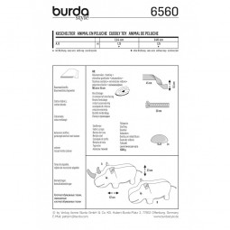Patron Burda 6560 - Peluches hippopotame et rhinocéros, animal en peluche XXL