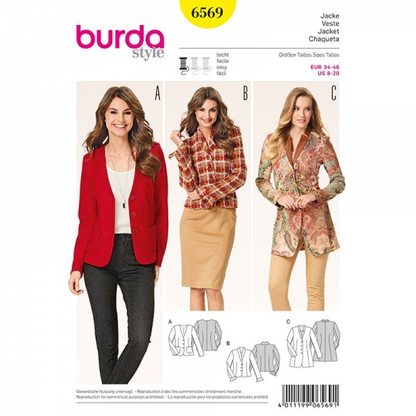 Patron Burda 6569 - Veste encolure en V, parement de col
