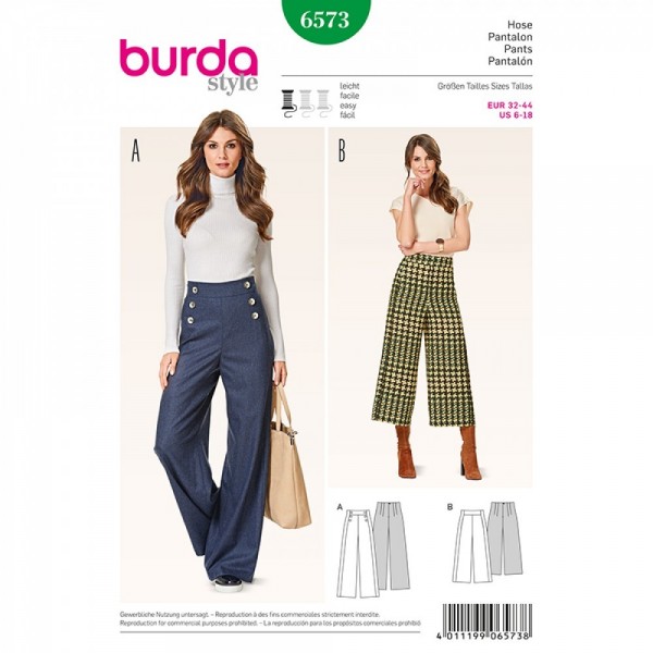 Patron Burda 6573 - Pantalon jambes amples, jupe-culotte 