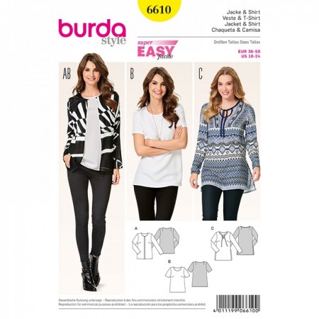 Patron Burda 6610 - Veste, tee-shirt, tunique joliment épurés