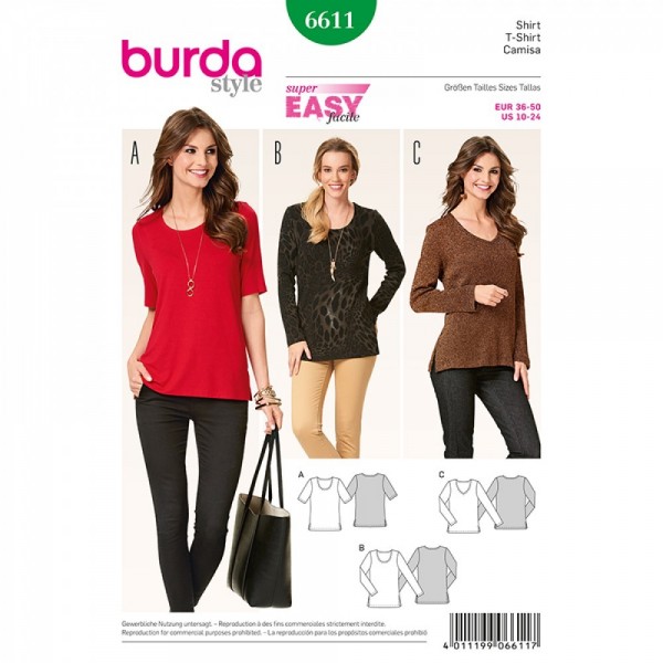 Patron Burda 6611 - T-shirt encolure ronde ou en V