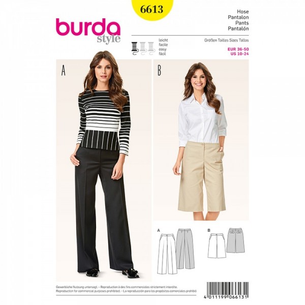 Patron Burda 6613  Pantalon - Jupe-culotte, jambes évasées