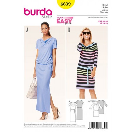 Patron Burda 6639 - Robe en jersey, col bénitier et coulisse à ruban