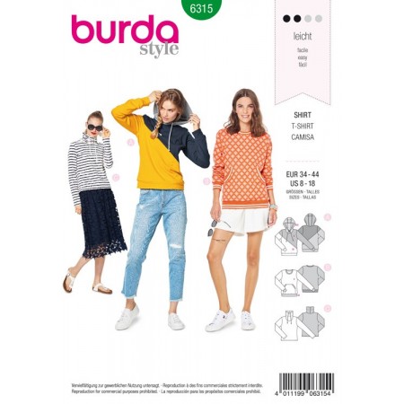 Patron Burda 6315 - Sweat shirt à capuche, col droit ou classique