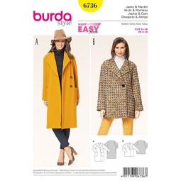 Patron Burda 6736 - Veste, manteau à col châle à revers pointu
