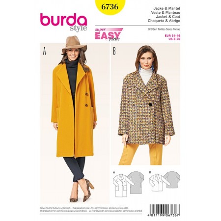 Patron Burda 6736 - Veste, manteau à col châle à revers pointu