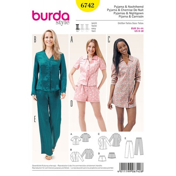 Patron Burda 6742 - Pyjama femme, chemise de nuit