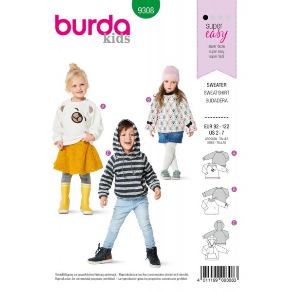 Patron Burda 9308 - Sweat-shirt à capuche enfant