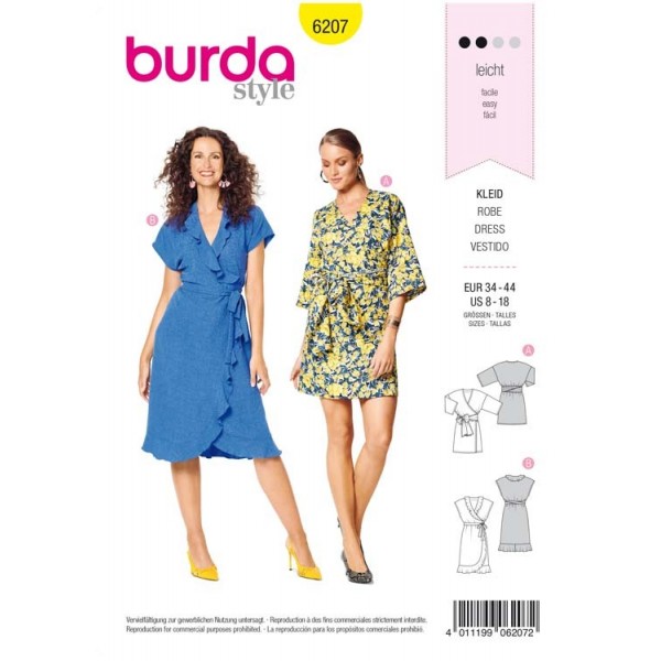 Patron Burda 6207 - Robe kimono portefeuille arrondie et volantée
