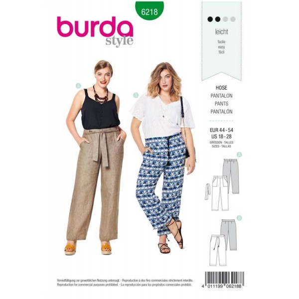 Patron Burda 6218 - Pantalon droit poches invisibles ou plaquées