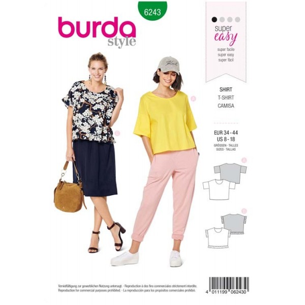 Patron Burda 6243 - T-shirt femme carré, avec ou sans volants
