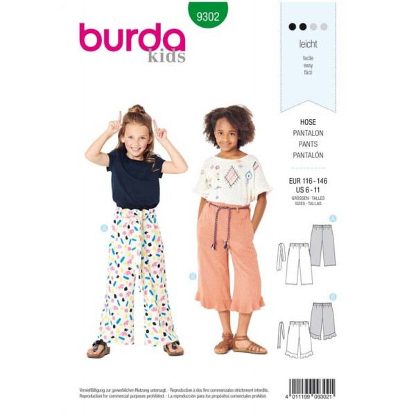 Patron Burda 9302 - Pantalon fille léger à coulisse élastiquée