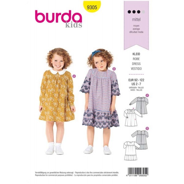 Patron Burda 9305 - Robe filles trapèze col Claudine & volant de jupe