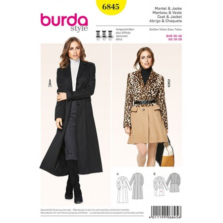 Patron Burda 6845 - Manteau cinté, poches à rabat