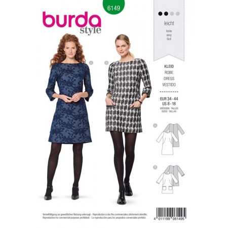Patron Burda 6149 - Robe encolure dégagée arrondie manches 3/4
