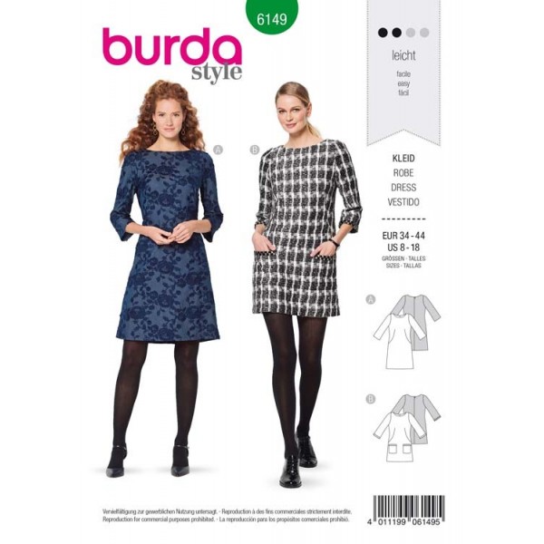Patron Burda 6149 - Robe encolure dégagée arrondie manches 3/4