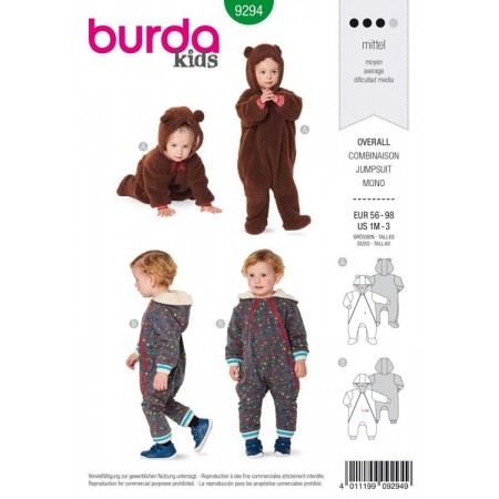 Patron Burda 9294 - Combinaison bébé zippée à capuche