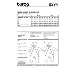 Patron Burda 9294 - Combinaison bébé zippée à capuche