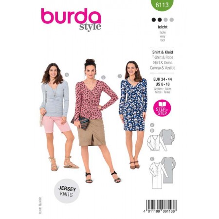 Patron Burda 6113 - T-shirt ou robe manche longues, col en V