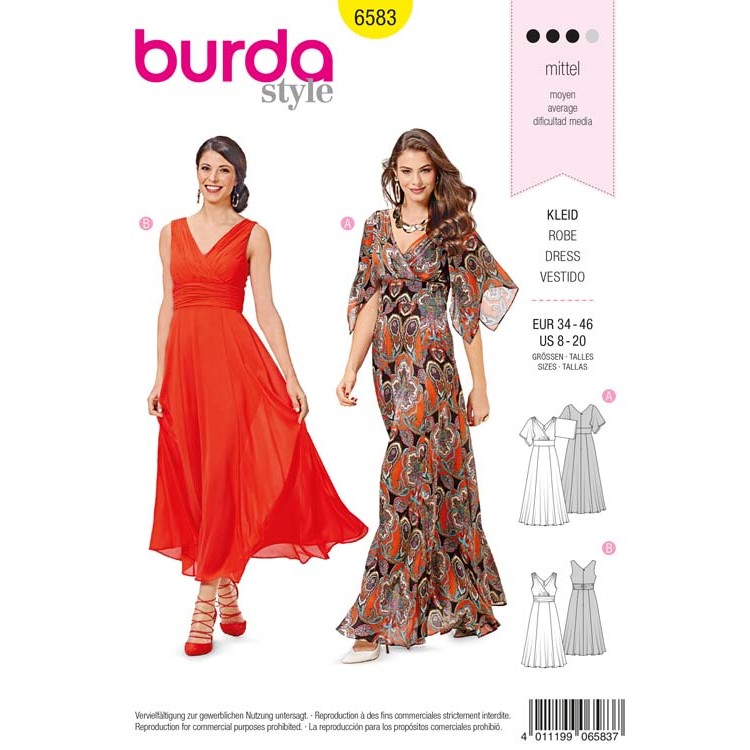 Patron Burda 6583 - Robe de soirée, devants drapés,  jupe ample, manches chauve-souris