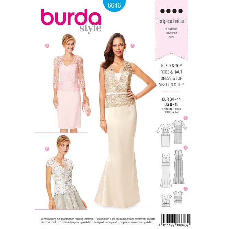 Patron Burda 6646 - Robe de soirée, corsage en dentelle avec une encolure en V et une basque