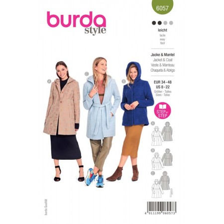 Patron Burda 6057 - Manteau, veste avec coutures de découpe et capuche
