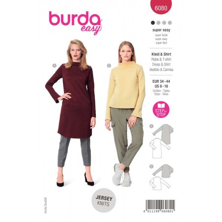 Patron Burda 6080 - Robe, tee-shirt avec col intégré au devant et au dos