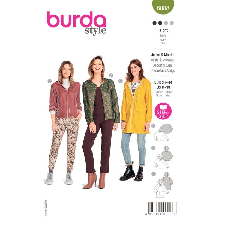 Patron Burda 6088 - Vestes, manteau sportifs avec fermeture à glissière