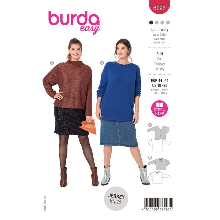 Patron Burda 6093 - Pull avec décolleté dos ou avec fente dos et nœud