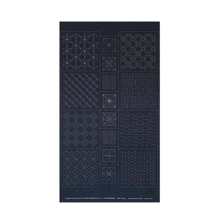 Coupon tissu sashiko préimprimé 61 x 108 cm  - 9 Panneaux carré indigo