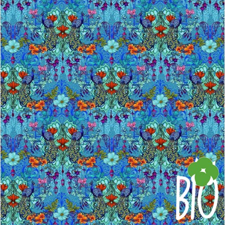 Tissu Odile Bailloeul - Mini jardin de paons bleu