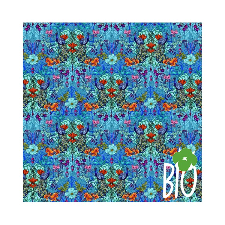 Tissu Odile Bailloeul - Mini jardin de paons bleu