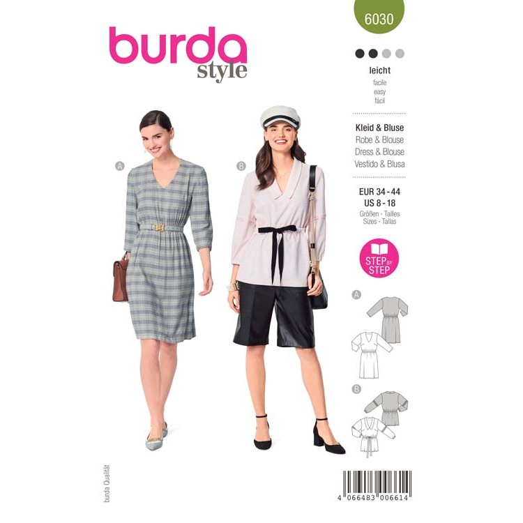 Patron Burda 6030 - Robe ou blouse encolure en V, une taille élastiquée