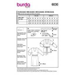 Patron Burda 6030 - Robe ou blouse encolure en V, une taille élastiquée